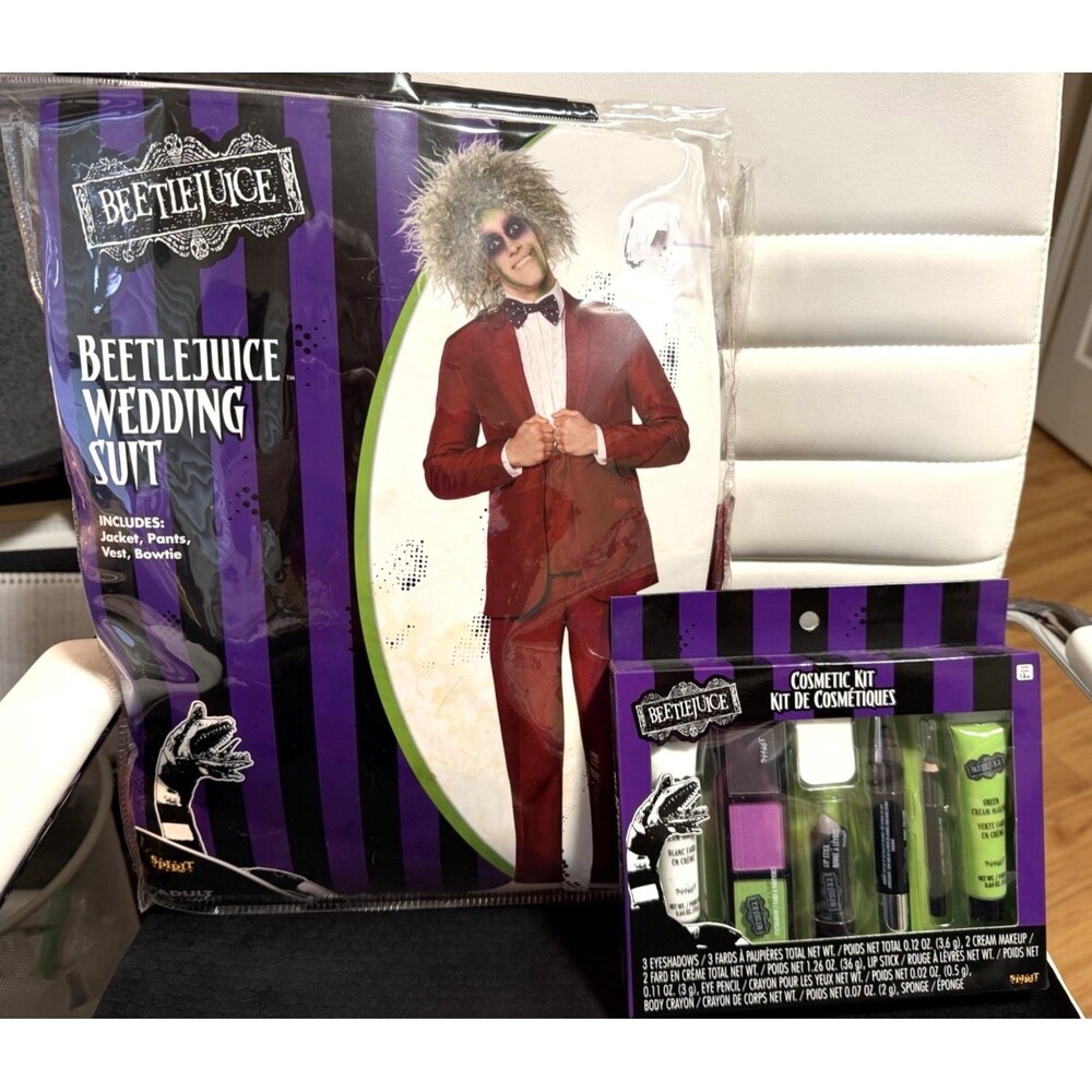 Beetlejuice Wedding Suit Costume Halloween Adult Size L Jacket Pants Vest Makeup